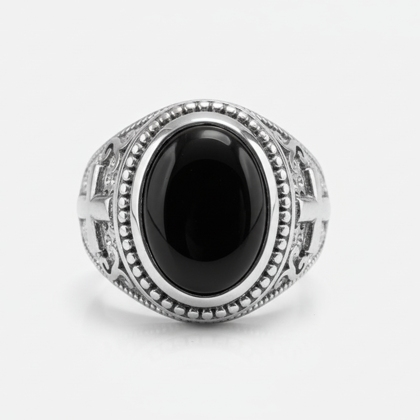 Sterling Silver Christian Cross Black Onyx Gemstone Ring