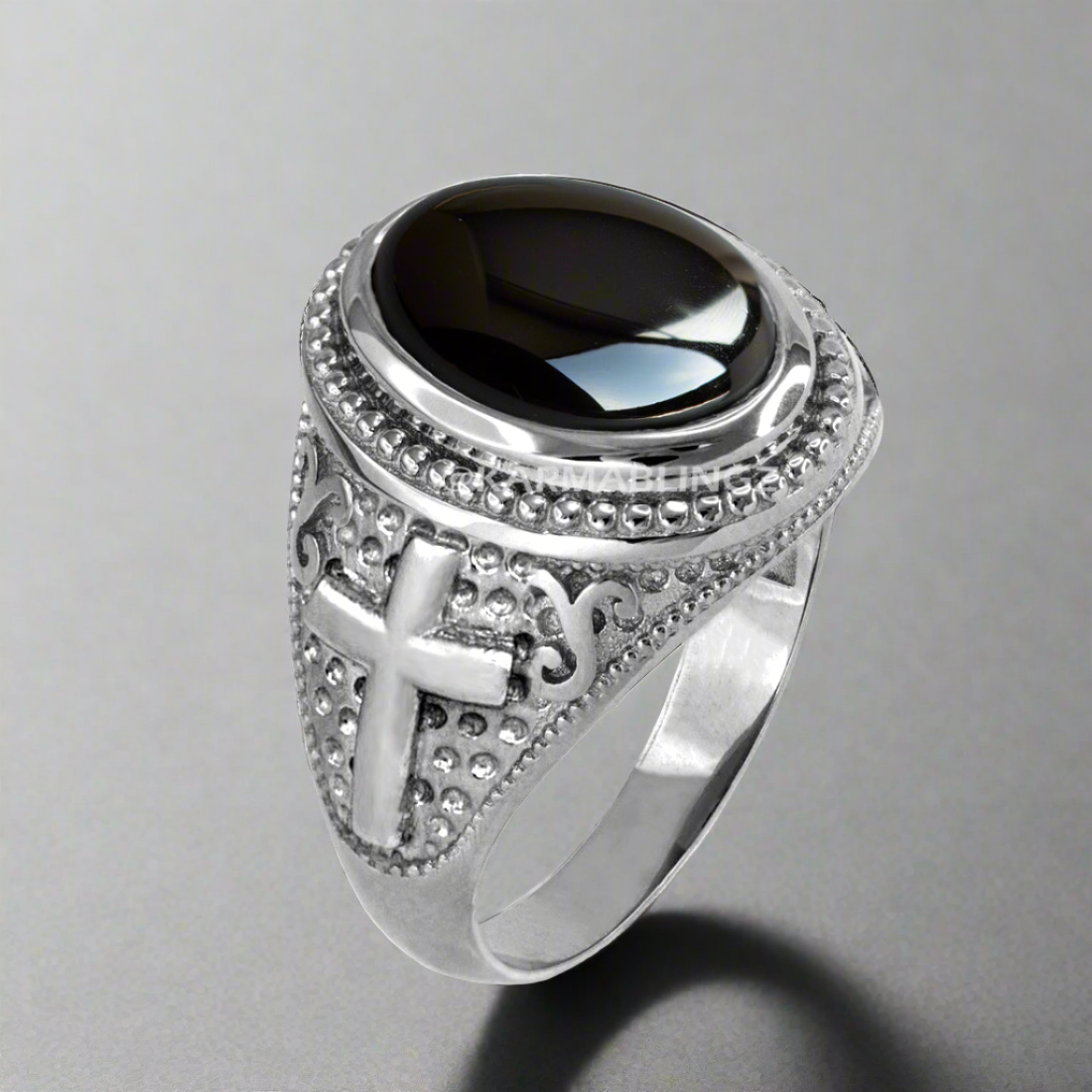 Sterling Silver Christian Cross Black Onyx Gemstone Ring