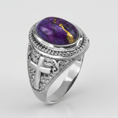 Sterling Silver Christian Cross Purple Copper Turquoise Ring