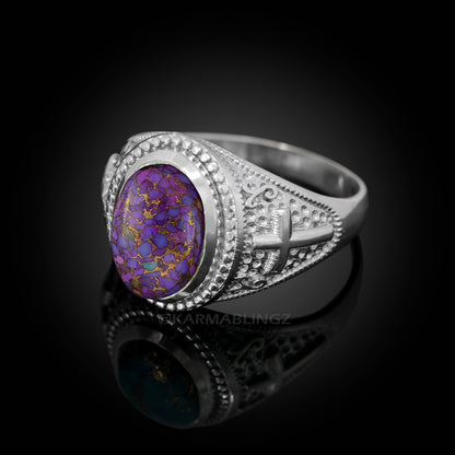 Sterling Silver Christian Cross Purple Copper Turquoise Ring