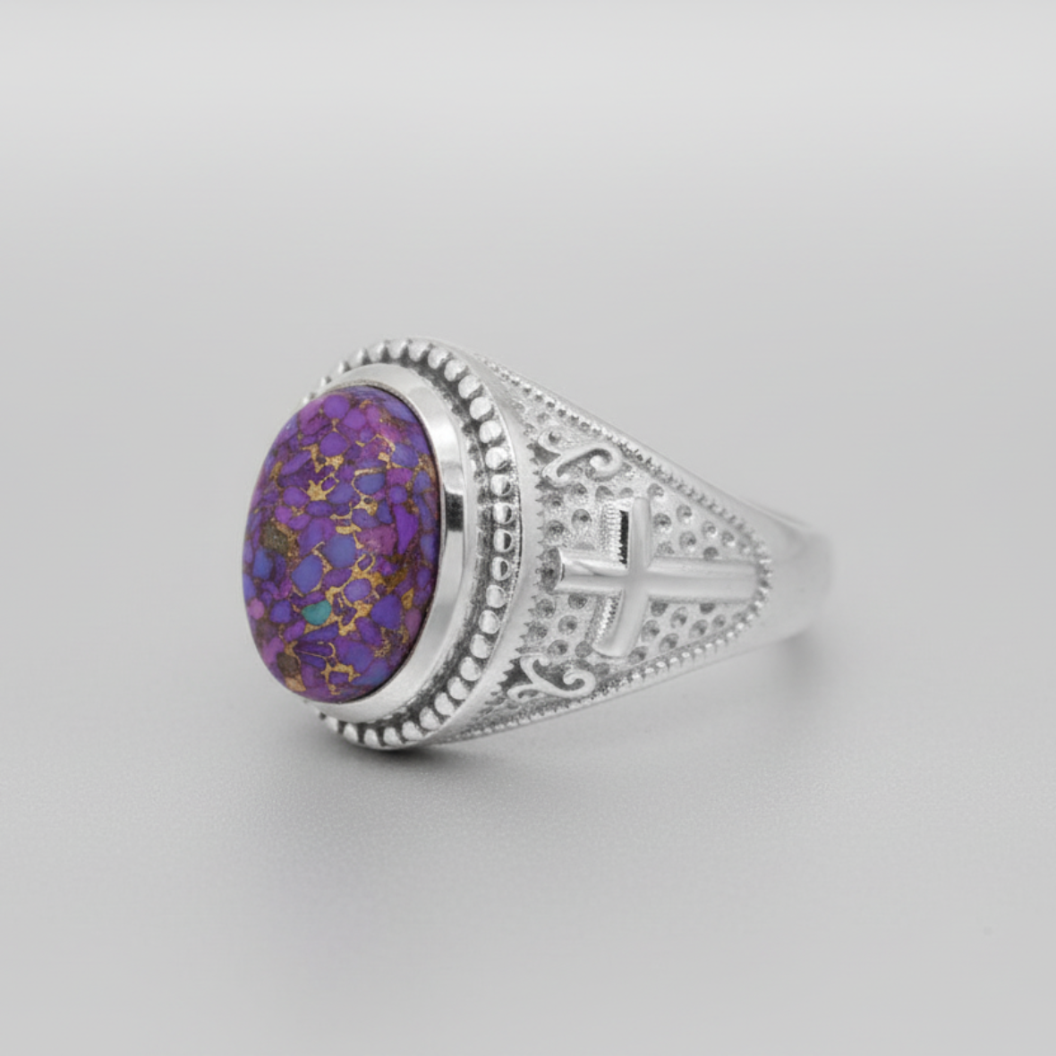 Sterling Silver Christian Cross Purple Copper Turquoise Ring