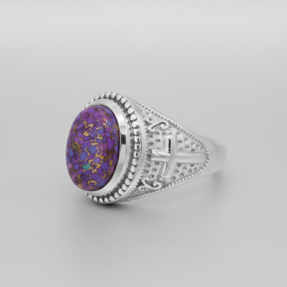 Sterling Silver Christian Cross Purple Copper Turquoise Ring