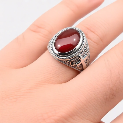 Sterling Silver Christian Cross Red Onyx Gemstone Ring