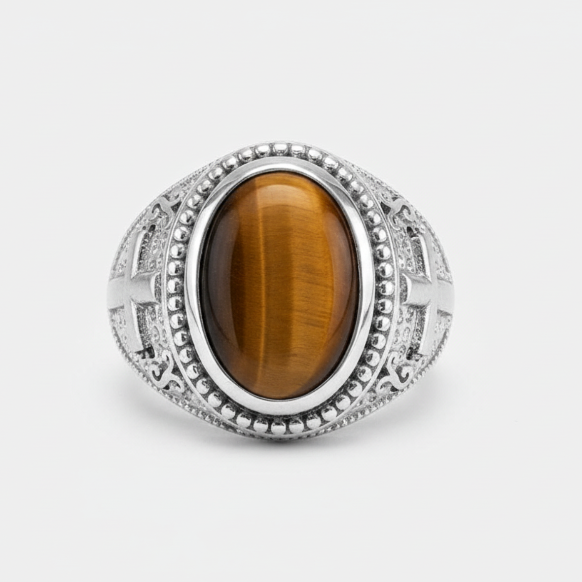 Sterling Silver Christian Cross Tiger Eye Statement Ring