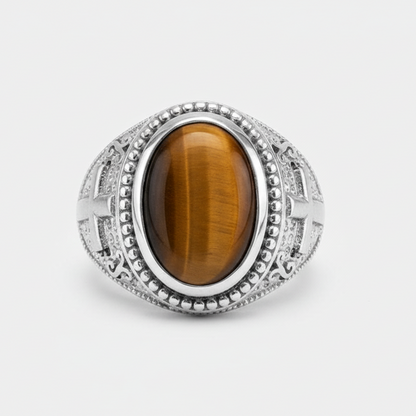Sterling Silver Christian Cross Tiger Eye Statement Ring