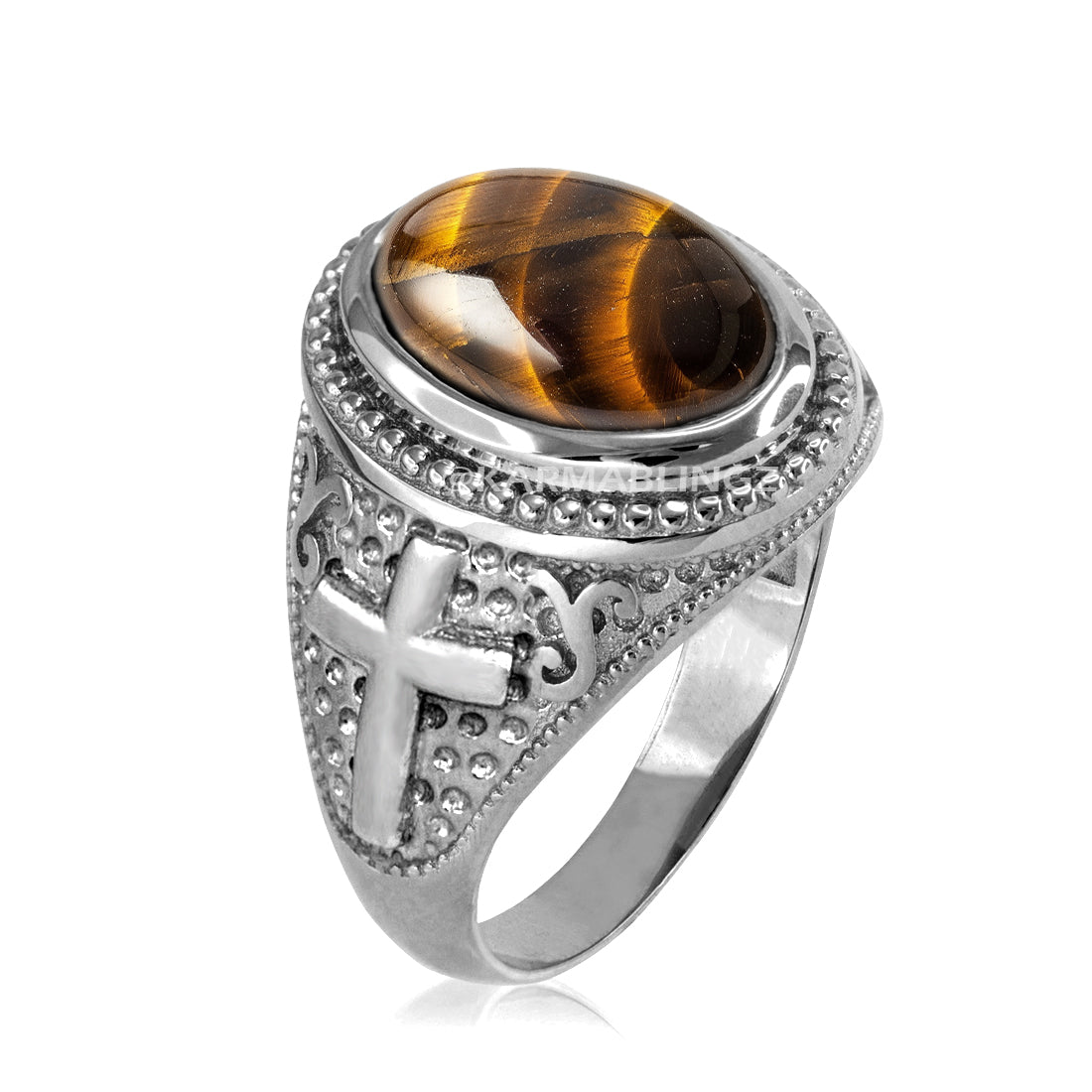 Sterling Silver Christian Cross Tiger Eye Statement Ring