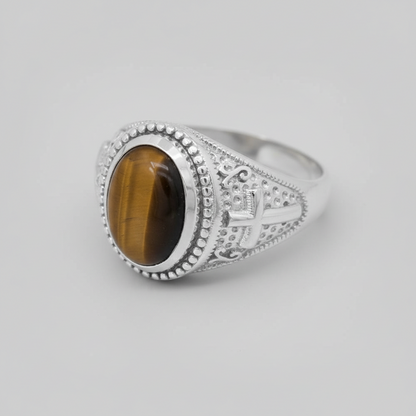 Sterling Silver Christian Cross Tiger Eye Statement Ring