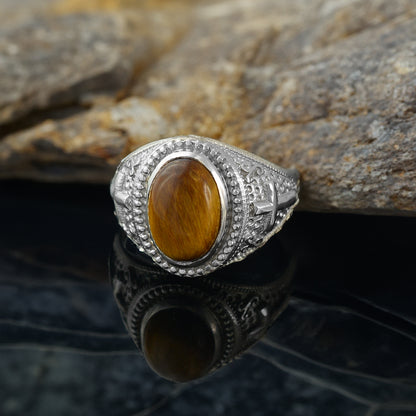 Sterling Silver Christian Cross Tiger Eye Statement Ring