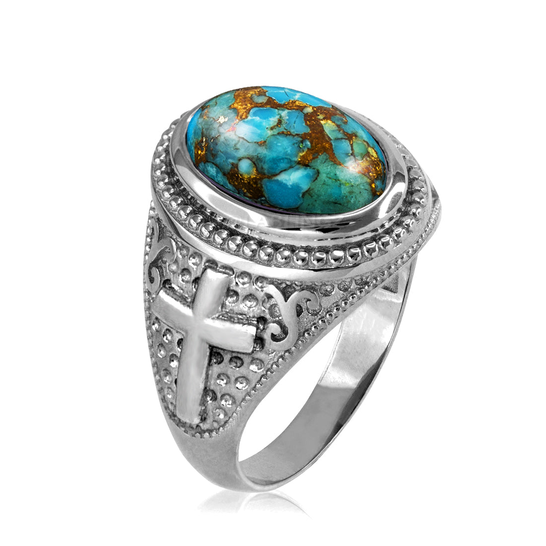 Sterling Silver Christian Cross Blue Copper Turquoise Ring