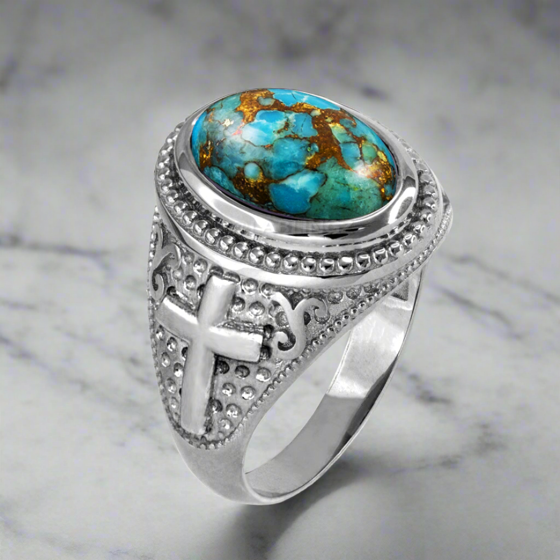 Sterling Silver Christian Cross Blue Copper Turquoise Ring