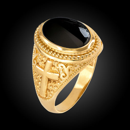 Gold Black Onyx Christian Cross Gemstone Ring