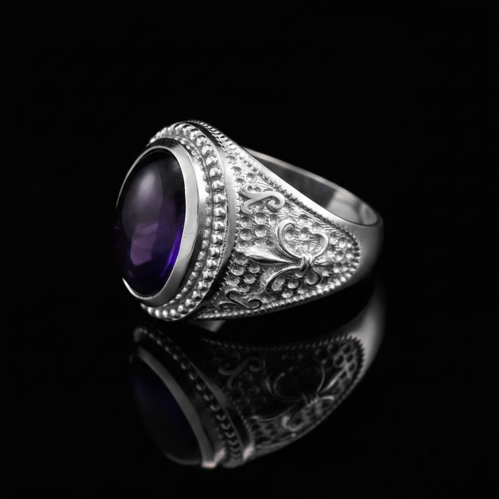 A silver-toned signet ring with an oval purple amethyst cabochon, featuring intricate filigree detailing on the band, set against a solid black background with a clear reflection below.