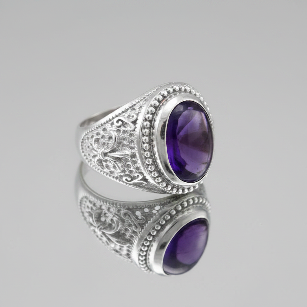 A silver filigree ring featuring a large oval purple amethyst gemstone, displayed on a reflective gray surface.