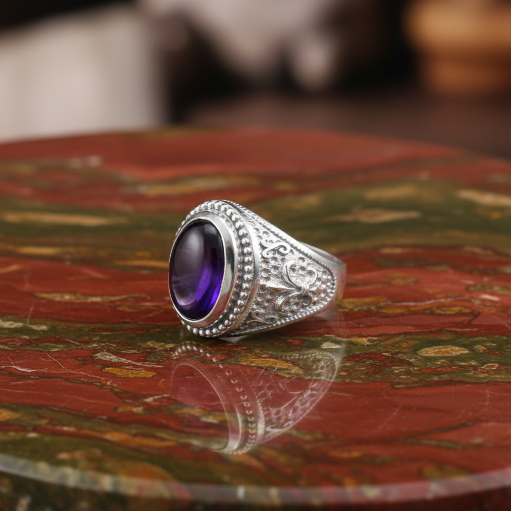A silver signet-style ring with a large oval purple amethyst cabochon stone, resting on a polished red and green marbled surface.