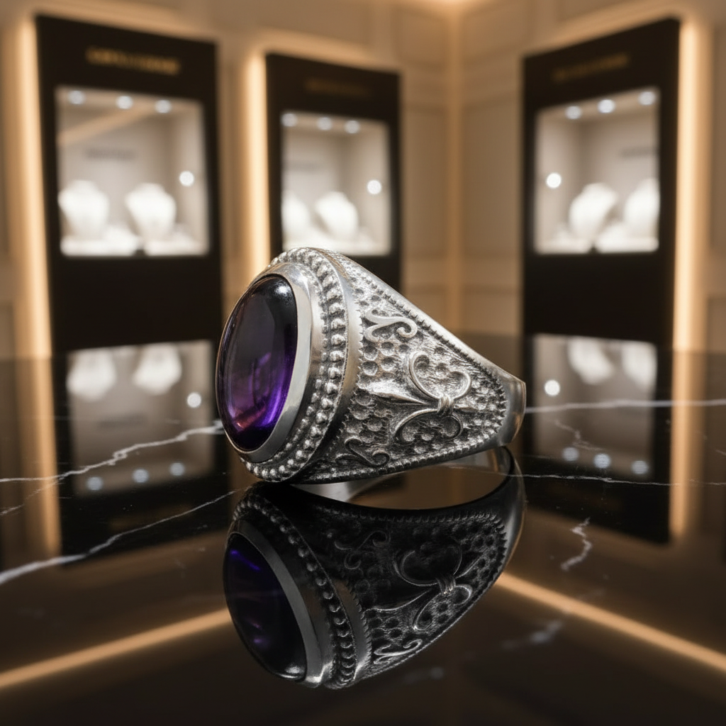 An ornate silver-toned signet ring with a large oval purple gemstone, displayed on a reflective black surface with blurred jewelry display cases in the background.