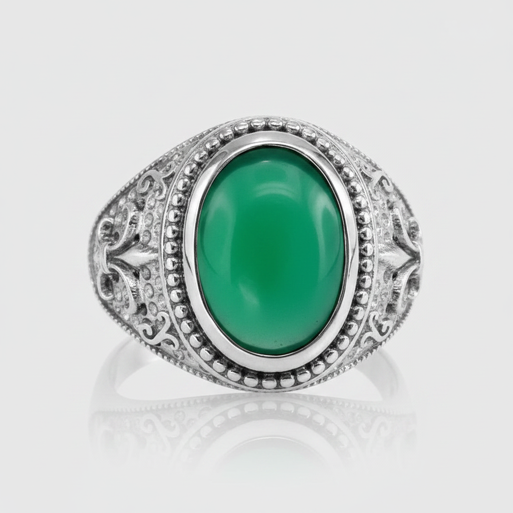 Sterling Silver Fleur De Lis Green Onyx Gemstone Statement Ring