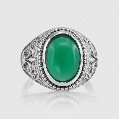 Sterling Silver Fleur De Lis Green Onyx Gemstone Statement Ring