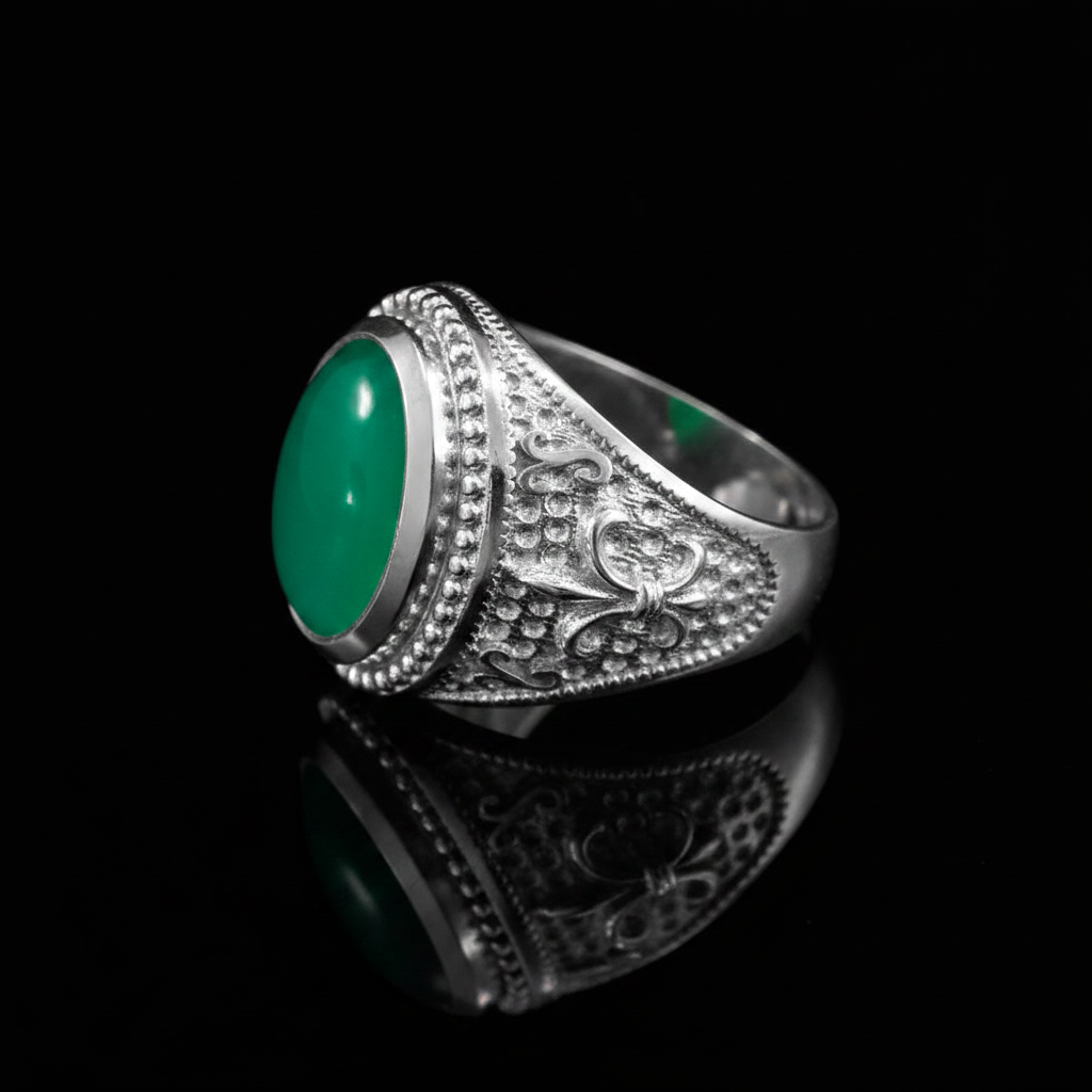 A silver-toned ring with an oval green cabochon gemstone and ornate engraved detailing on the band, displayed on a reflective black surface.