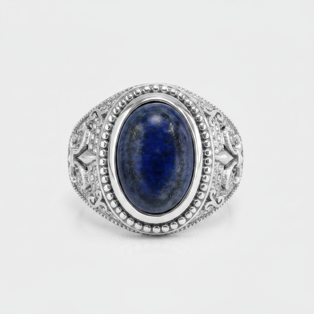 An oval silver ring featuring a deep blue lapis lazuli stone in a detailed filigree setting, photographed on a light gray background.