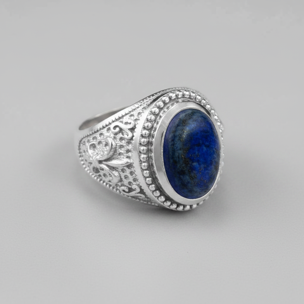 Sterling Silver Fleur De Lis Lapis Lazuli Gemstone Statement Ring