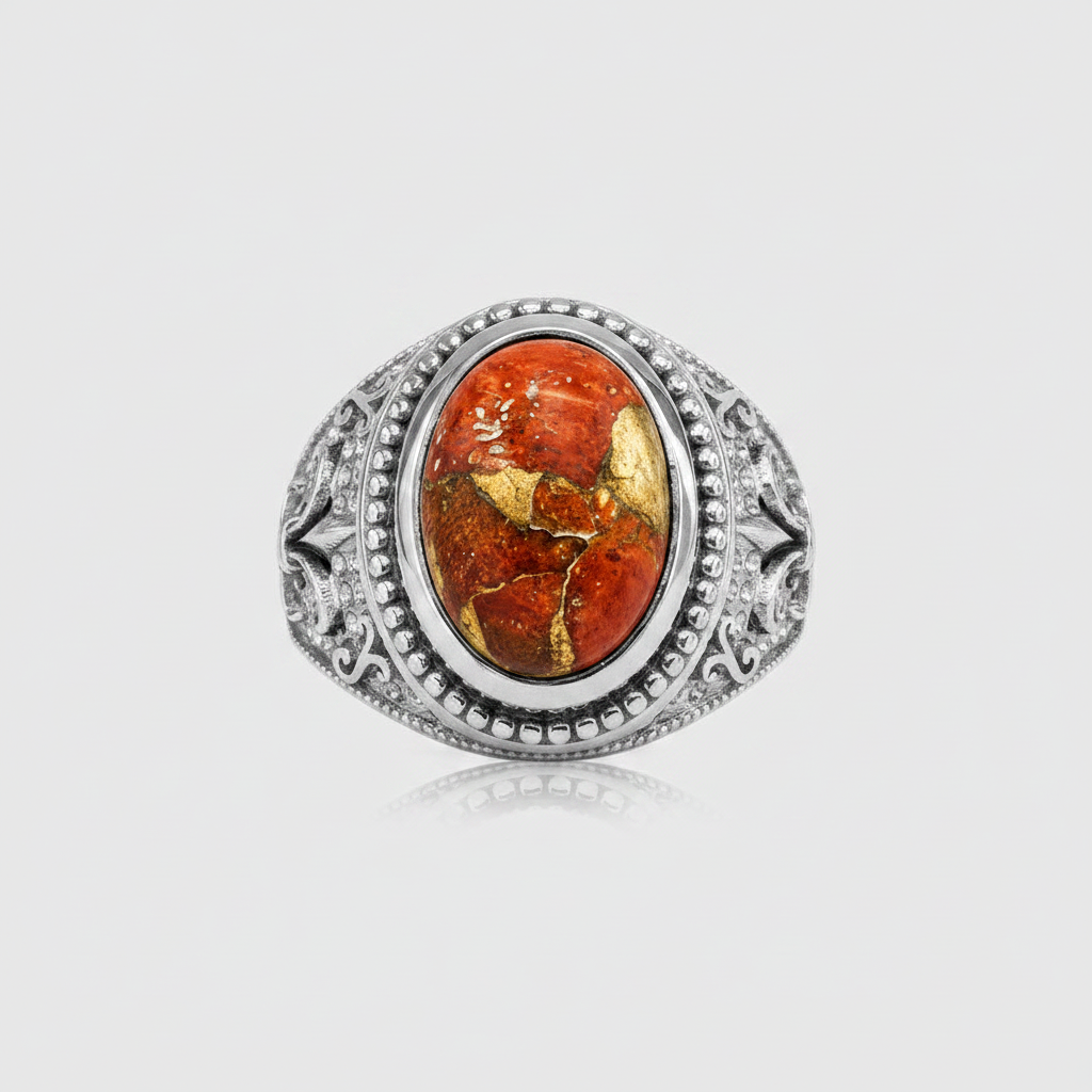 A silver-toned ring featuring an oval cabochon gemstone with a warm orange-red center and prominent gold veining, set against a light gray background.