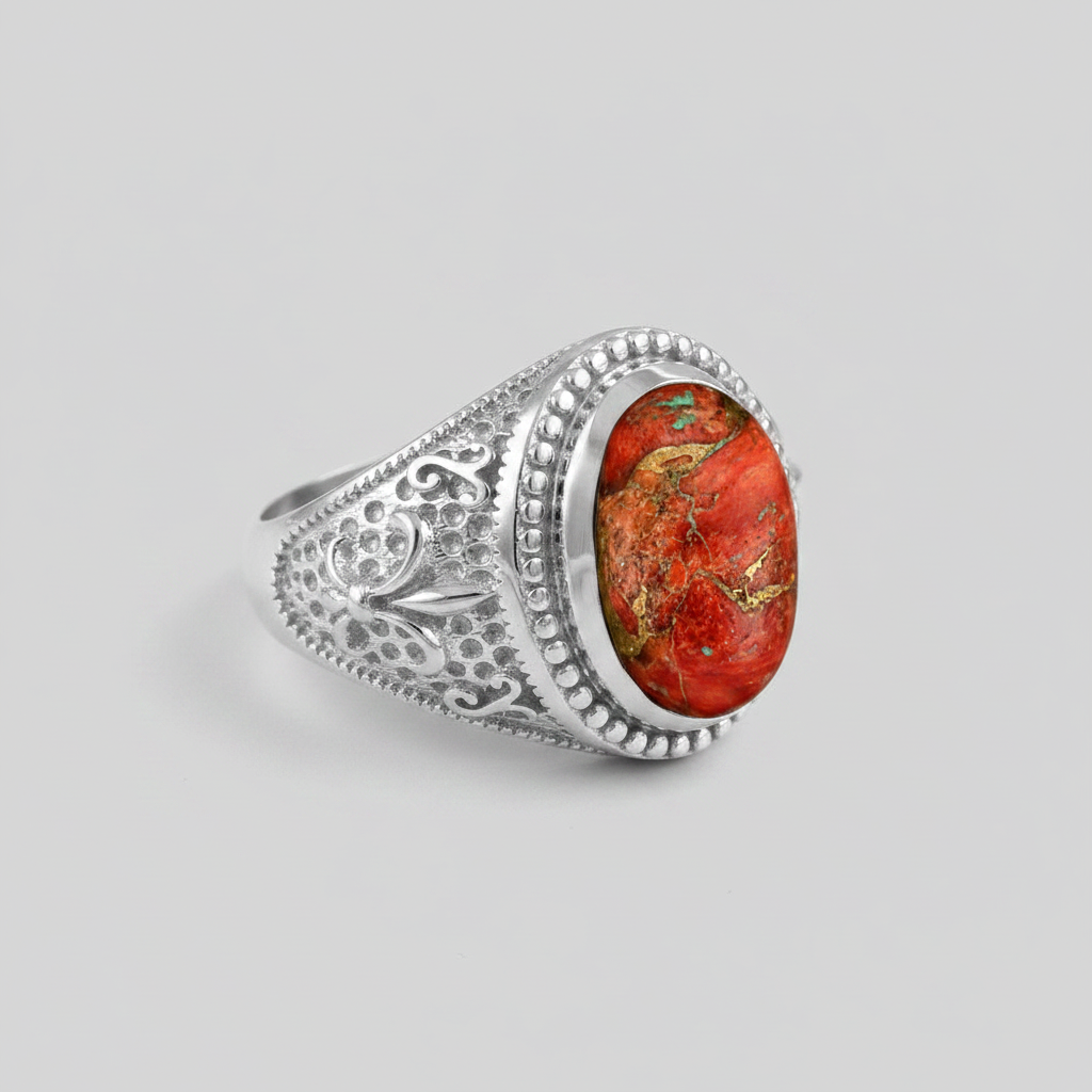 Sterling Silver Fleur De Lis Orange Copper Turquoise Ring