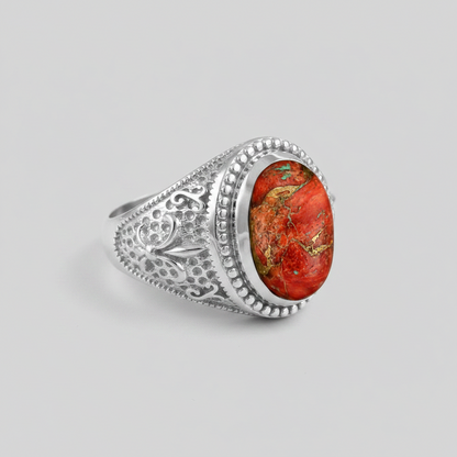 Sterling Silver Fleur De Lis Orange Copper Turquoise Ring