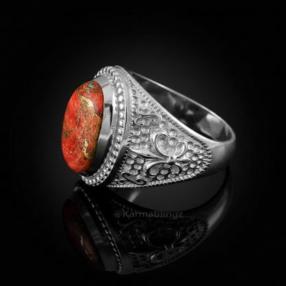 Sterling Silver Fleur De Lis Orange Copper Turquoise Ring