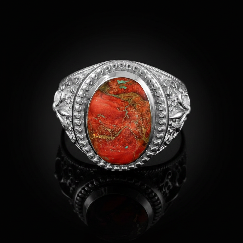 Sterling Silver Fleur De Lis Orange Copper Turquoise Ring