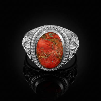 Sterling Silver Fleur De Lis Orange Copper Turquoise Ring
