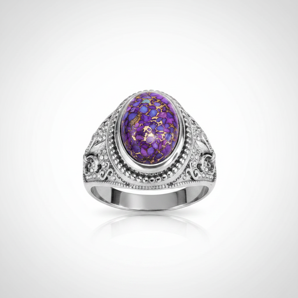 Sterling Silver Fleur De Lis Purple Copper Turquoise Ring