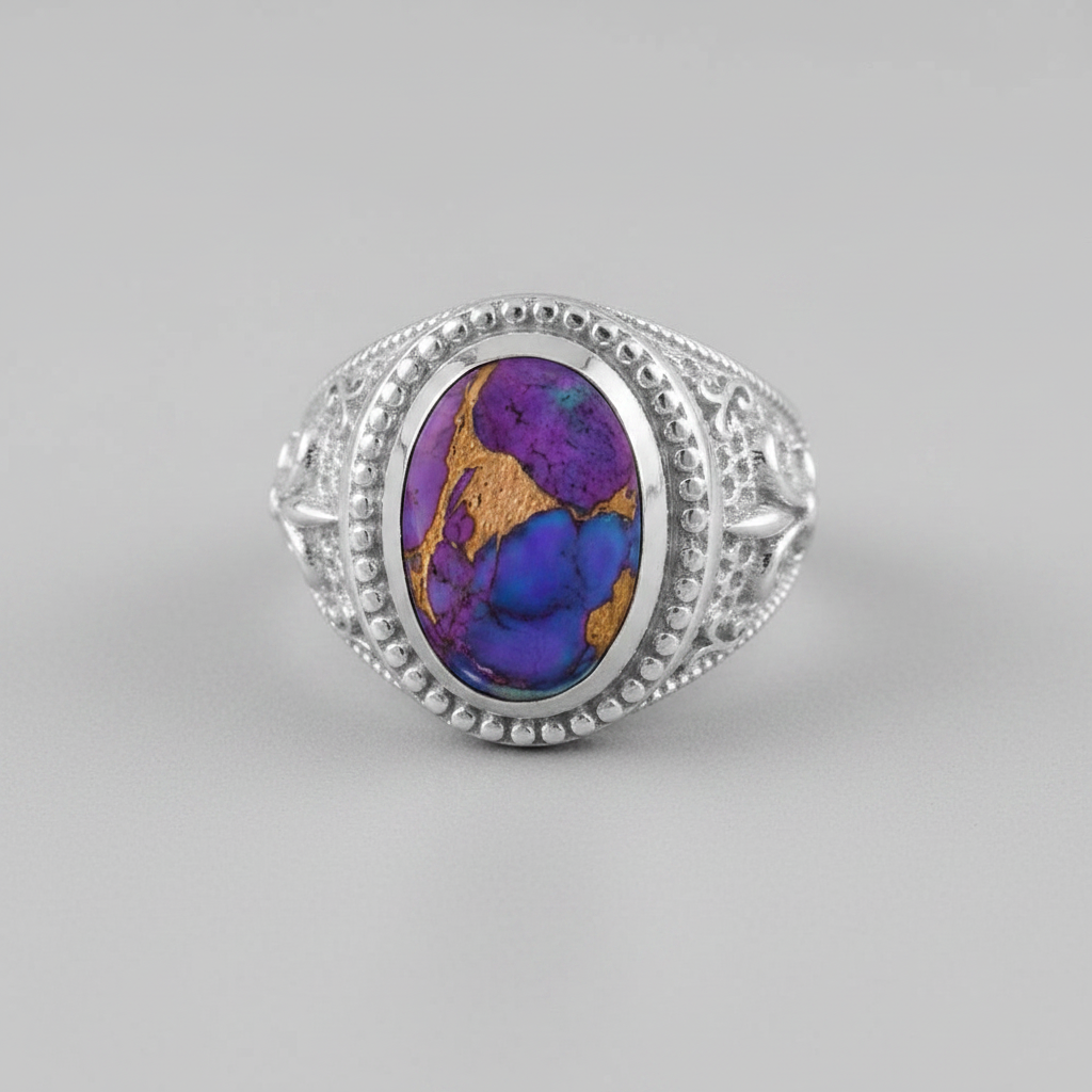 A silver ring featuring an oval cabochon stone with a vibrant purple, blue, and gold marbled pattern, set in a beaded silver bezel with ornate filigree sides.