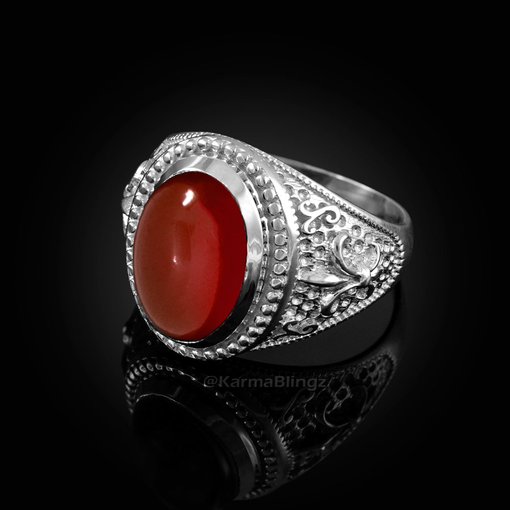 Sterling Silver Fleur De Lis Red Onyx Gemstone Statement Ring