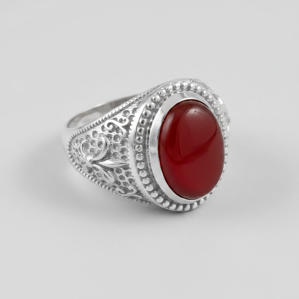 A silver signet ring featuring a large, smooth, oval-shaped deep red cabochon gemstone, set in an ornate filigree band with beaded detailing, shown on a neutral light gray background.
