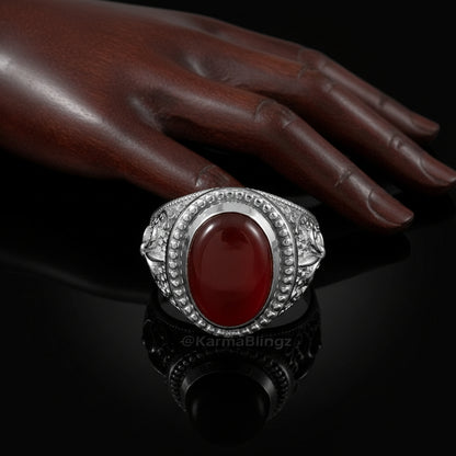 Sterling Silver Fleur De Lis Red Onyx Gemstone Statement Ring Karma Blingz