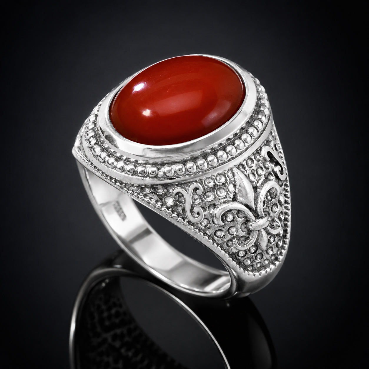 Sterling Silver Fleur De Lis Red Onyx Gemstone Statement Ring, side view Karma Blingz