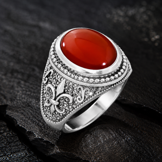 Sterling Silver Fleur De Lis Red Onyx Gemstone Statement Ring