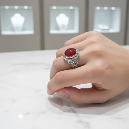 Sterling Silver Fleur De Lis Red Onyx Gemstone Statement Ring, close up Karma Blingz