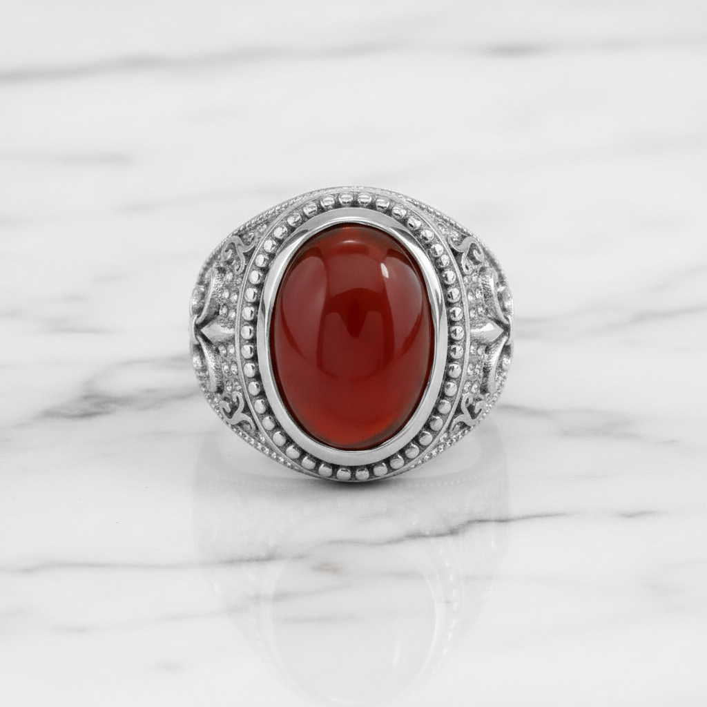 A silver-toned ring featuring an oval cabochon red gemstone, set with small clear stones in a decorative border, displayed on a white marble surface.