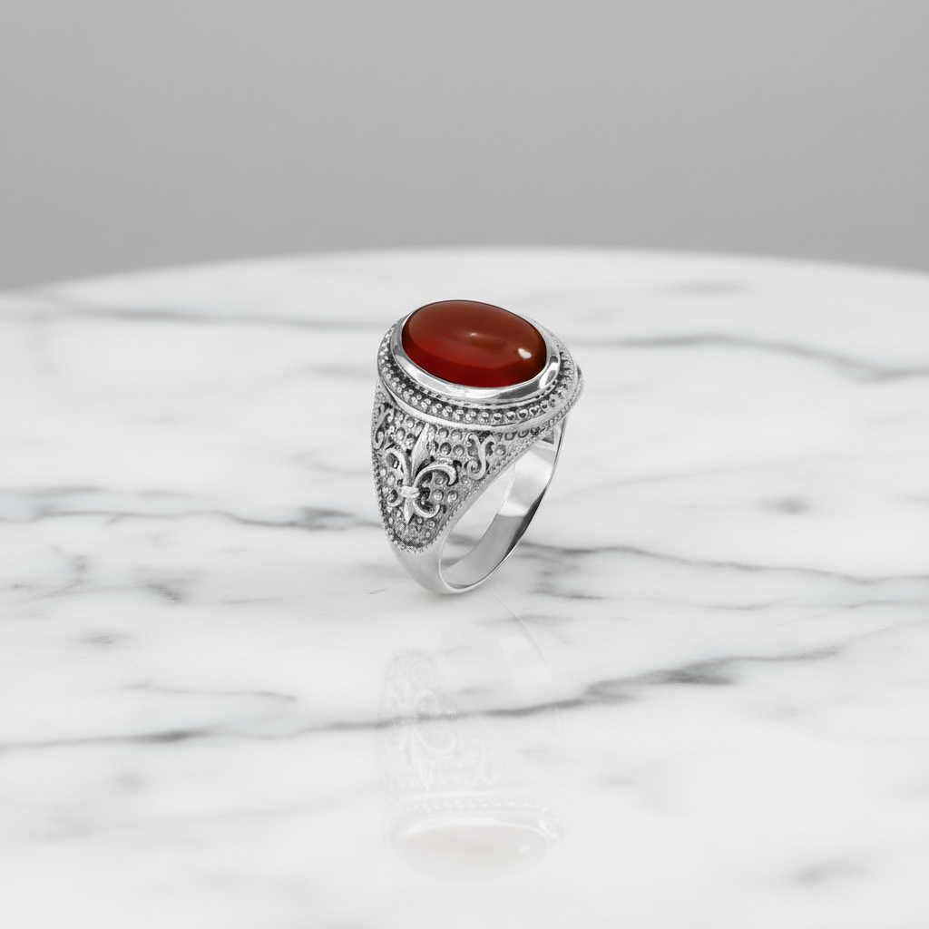 An ornate sterling silver ring with a round red cabochon gemstone, displayed on a white marble surface against a neutral gray background.