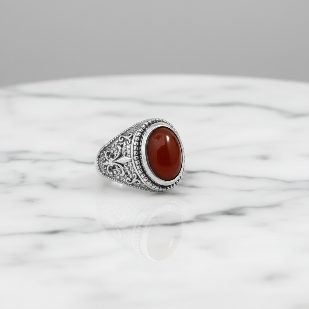 A silver signet ring with an oval red cabochon stone, displayed on a white marble surface against a neutral gray background.