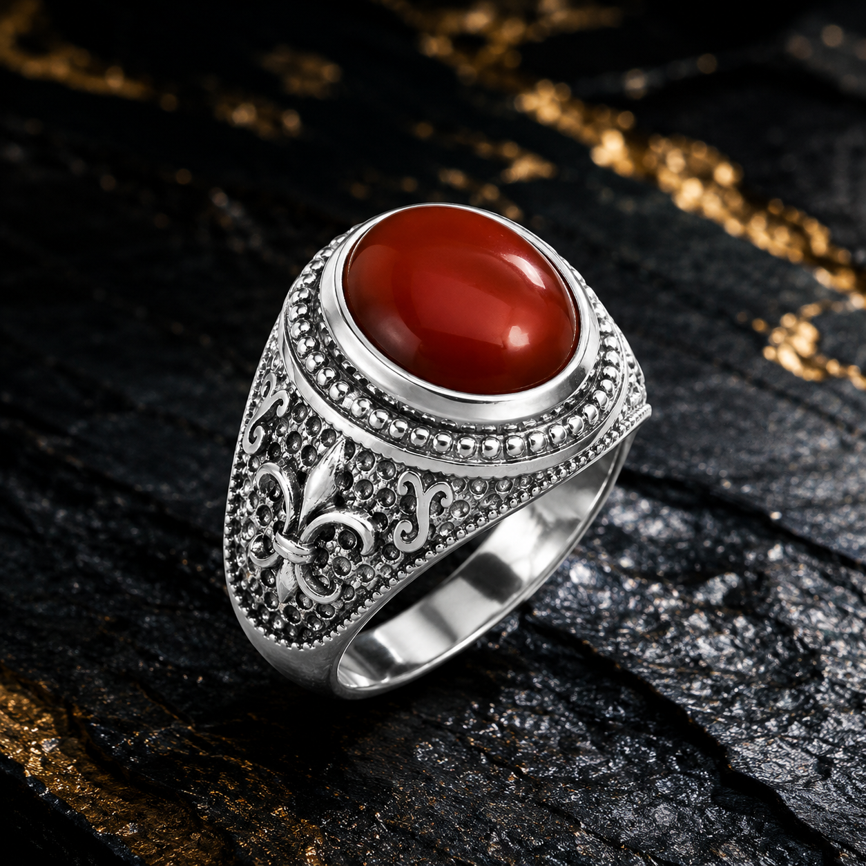 A silver-toned gothic-style ring with a large oval red cabochon stone, featuring ornate filigree detailing and beaded borders, displayed on a dark textured background with gold flecks.