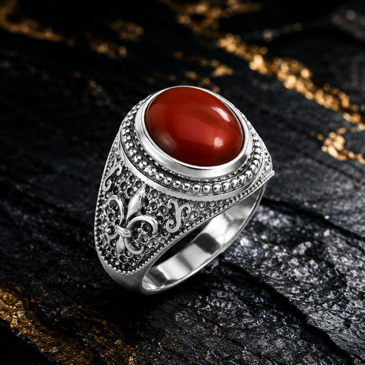 A silver-toned gothic-style ring with a large oval red cabochon stone, featuring ornate filigree detailing and beaded borders, displayed on a dark textured background with gold flecks.