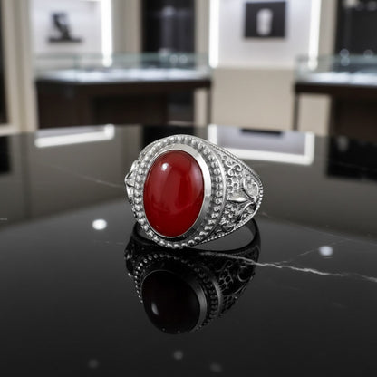 Sterling Silver Fleur De Lis Red Onyx Gemstone Statement Ring, detail view Karma Blingz