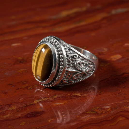 A silver-toned ornate ring with a large oval tiger's eye stone, resting on a polished reddish-brown stone surface.
