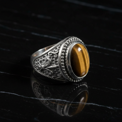 A silver-toned filigree ring featuring an oval cabochon tiger's eye stone, displayed on a glossy black marble surface with a clear reflection.