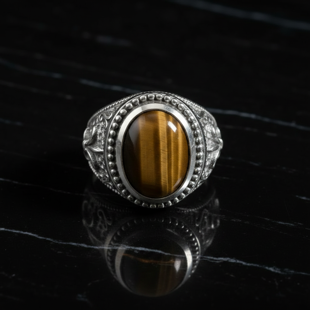 A silver-toned men's ring featuring an oval cabochon tiger's eye stone with bold brown and gold stripes, accented by small clear stones on the shoulders, displayed on a glossy black reflective surface.