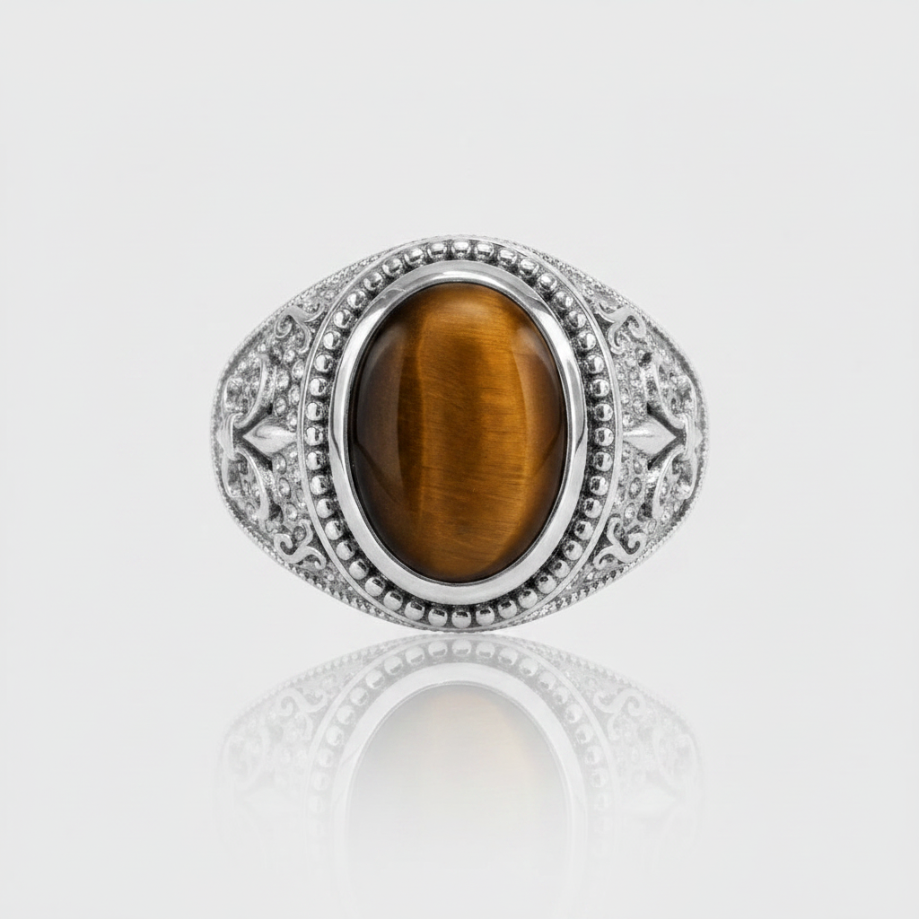 A silver-toned ring featuring an oval brown tiger's eye stone, set against a clean light gray background with a soft reflection below.