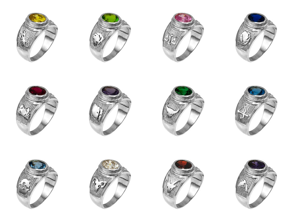 Sterling Silver Zodiac Sign Birthstone CZ Ring 12 Astrology Signs Oval Color Cubic Zirconia