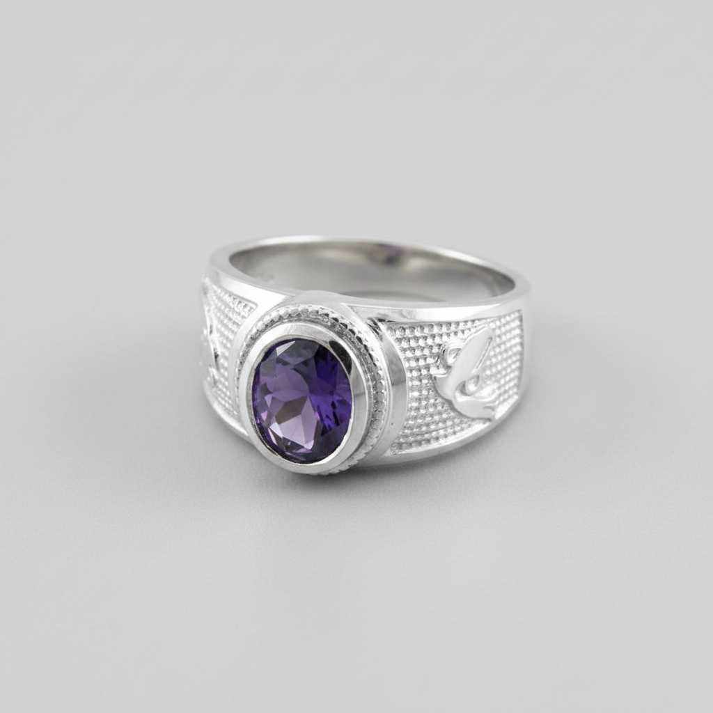 Silver ring with a purple gemstone on a gray background